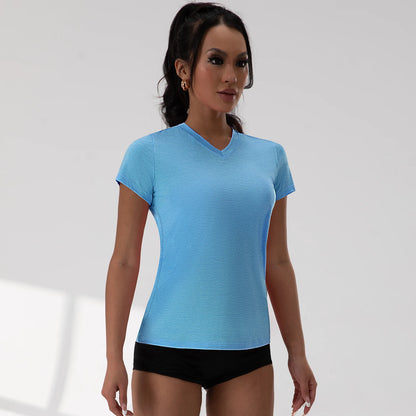 Yoga Shirts V-Neck Pleated Short Sleeve Sports Top Loose Solid Color Exercise Tee 5 Colors Gym Wear