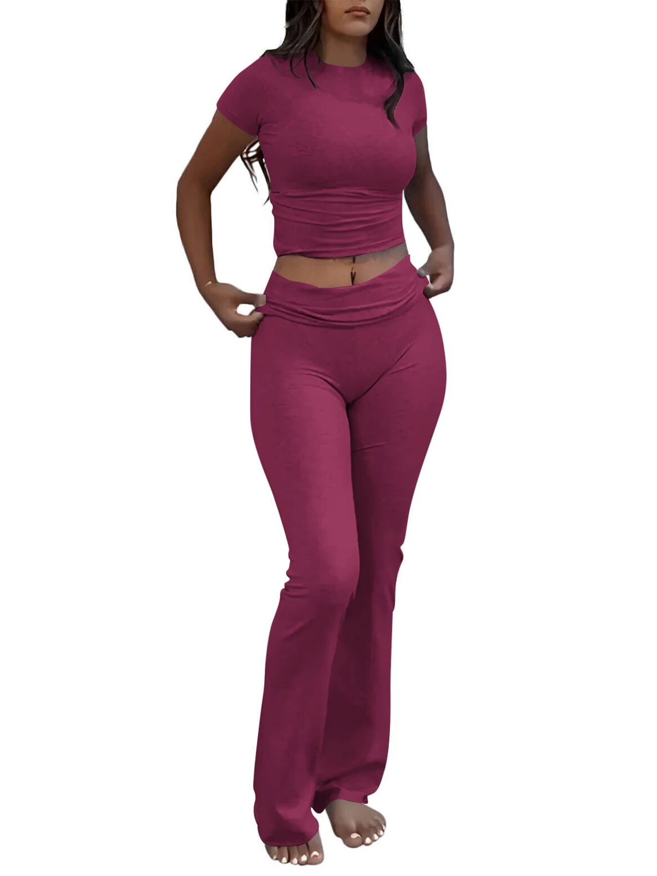 Casual Workout Two Piece Outfits Short Sleeve Crop High Waist Foldover Flare Pants Streetwear