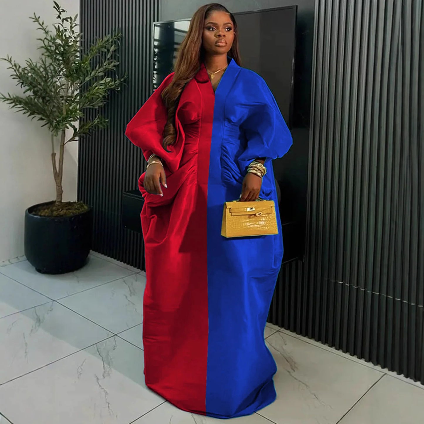 casual dresses loose V-neck long sleeved elegant party evening dresses pleated waist