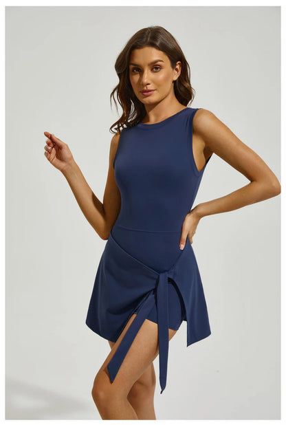 Sleeveless Tennis Dress Built In Shorts Golf Workout Sarong Wrap Backless Skirt Quick Drying Jumpsuit