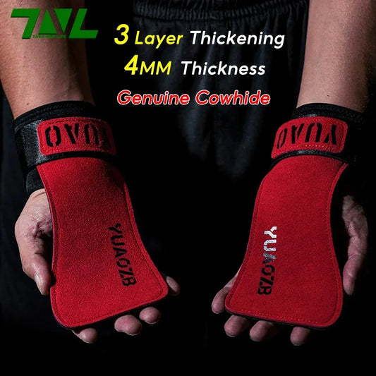 1Pair Cowhide Fitness Gloves Straps Grips Anti-Skid Weightlifting Gloves