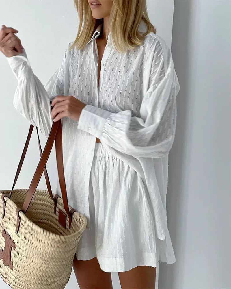 Casual Loose Women Short Two Piece Set Suit Fashion Blouse Long Sleeve Shirt Lady Simple Style Shorts Streetwear Blouse Tops