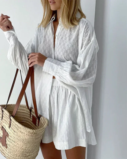 Casual Loose Women Short Two Piece Set Suit Fashion Blouse Long Sleeve Shirt Lady Simple Style Shorts Streetwear Blouse Tops