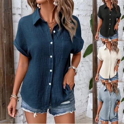 Women Casual Cotton Blouse Vintage Short Sleeve Slim Shirt Elegant Turn Down Collar Solid Tunics Streetwear