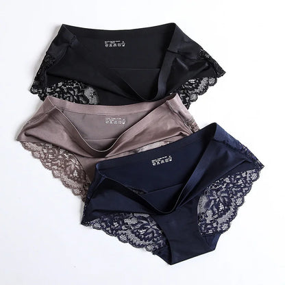 3PCS/Set Women's Panties Exquisite Lace Underwear Silk Satin Briefs Soft Cozy