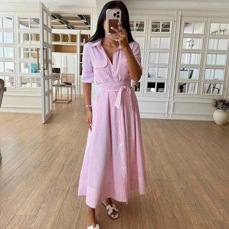 Casual Striped Women Summer Dress Lapel Single Breast Half Sleeve Slim Waist Long Dresses 2026 Autumn Lady Fashion Vacation Robe