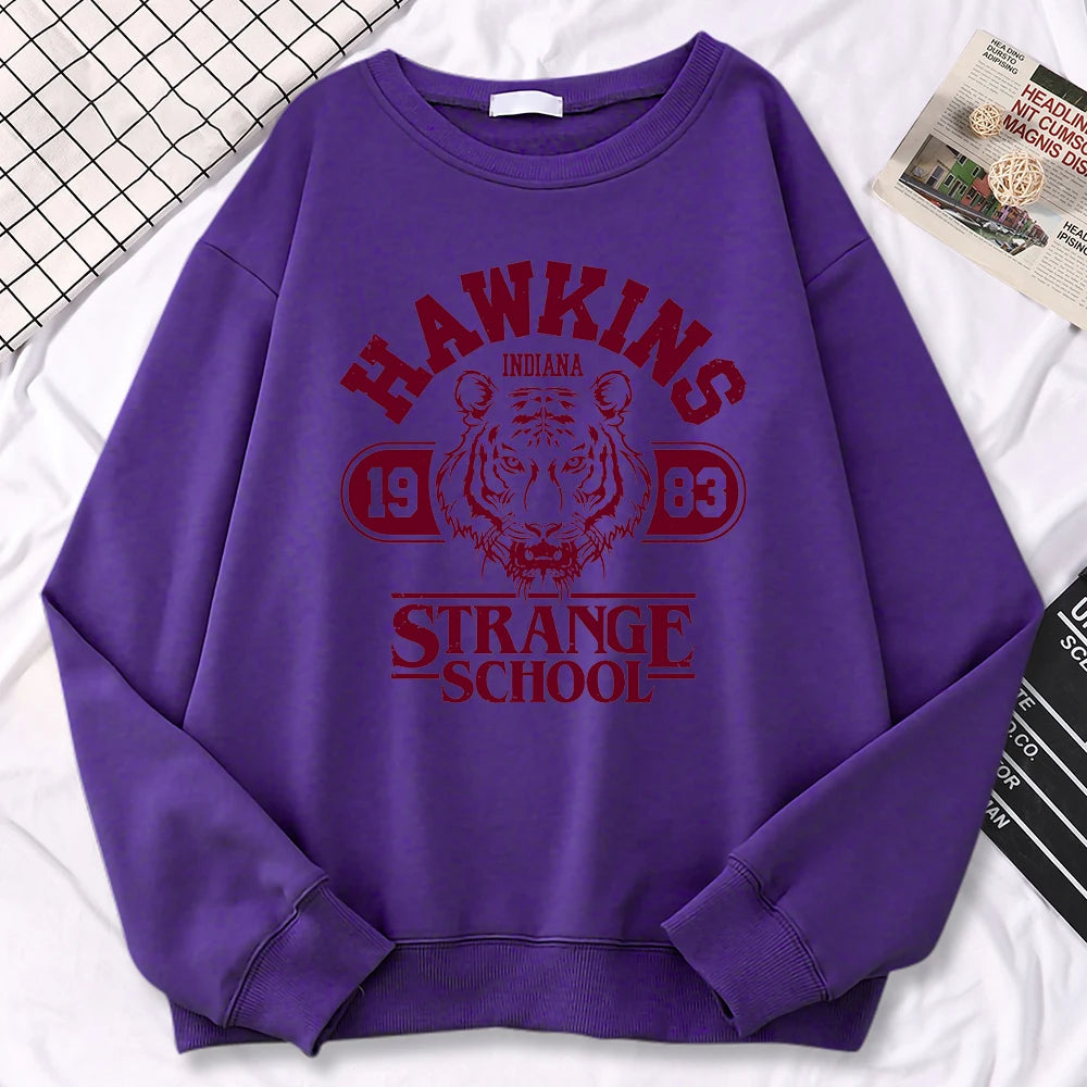 Casual Womens Sweatshirt Hawkins High School Indiana 1983 Printing Hoodies Loose Crewneck Pullovers Warm Fleece