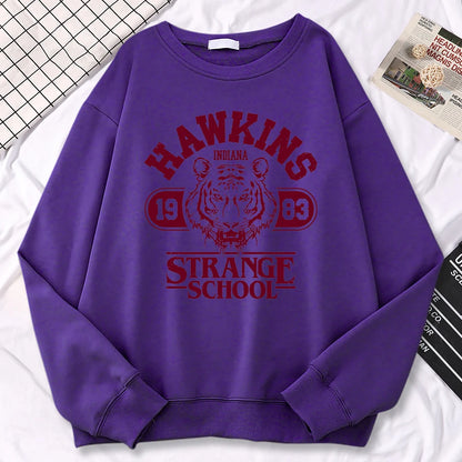 Casual Womens Sweatshirt Hawkins High School Indiana 1983 Printing Hoodies Loose Crewneck Pullovers Warm Fleece