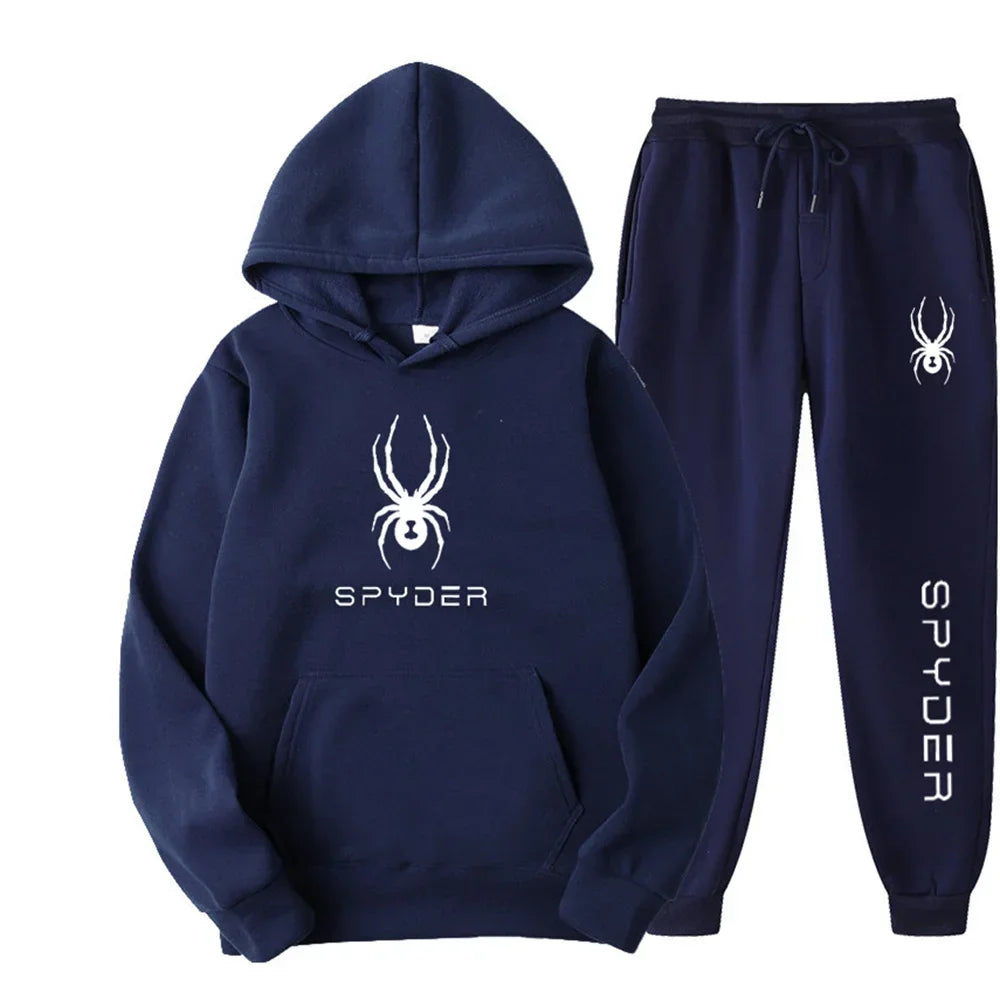 .A casual sports outfit consisting of a long-sleeved hooded t-shirt and elastic-waist pants.