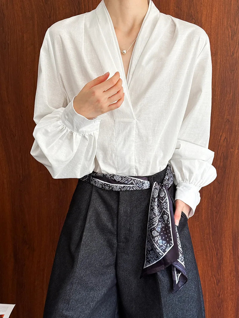 Women Casual Blouses V-Neck Puff Sleeve Office Blouses Fashion Shirts