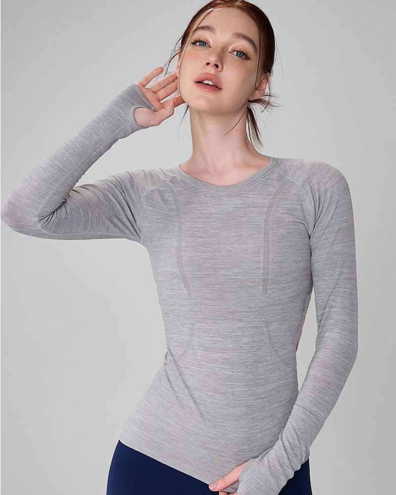 Yoga Clothes Sports Tops, Round Neck,, Seamless, Slim, Fitness Workout Long Sleeves Gym T shirt,