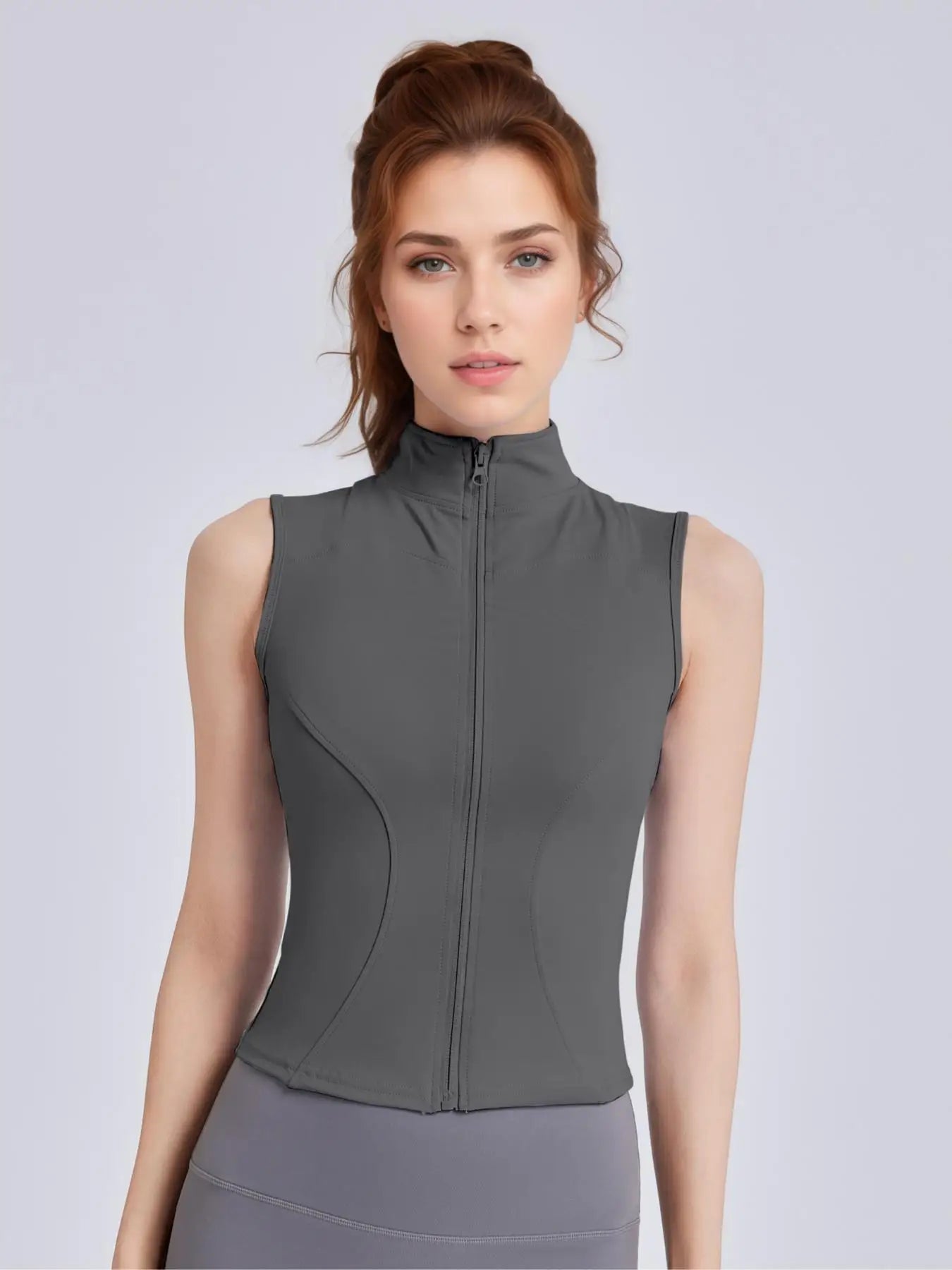 Solid Thumb Hole Design Sports Jacket, Sporty Zip Up Sleeveless Outerwear for Yoga Gym Workout,