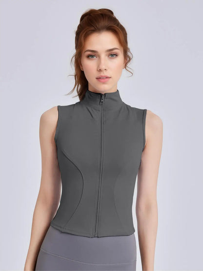 Solid Thumb Hole Design Sports Jacket, Sporty Zip Up Sleeveless Outerwear for Yoga Gym Workout,