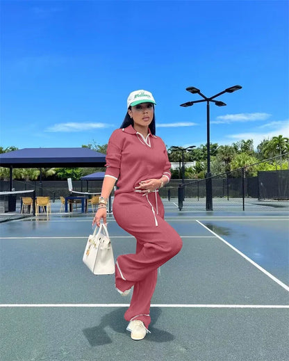 Active Wear Knitted Casual Tracksuit for Women Two Piece Set Sporty Fitness Striped Sweater Top and Wide Leg Pants Jogging Femme