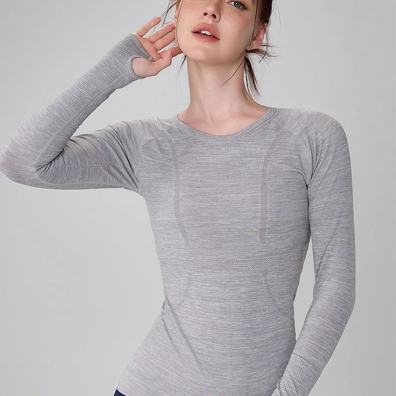 Yoga Clothes Sports Tops, Round Neck,, Seamless, Slim, Fitness Workout Long Sleeves Gym T shirt,