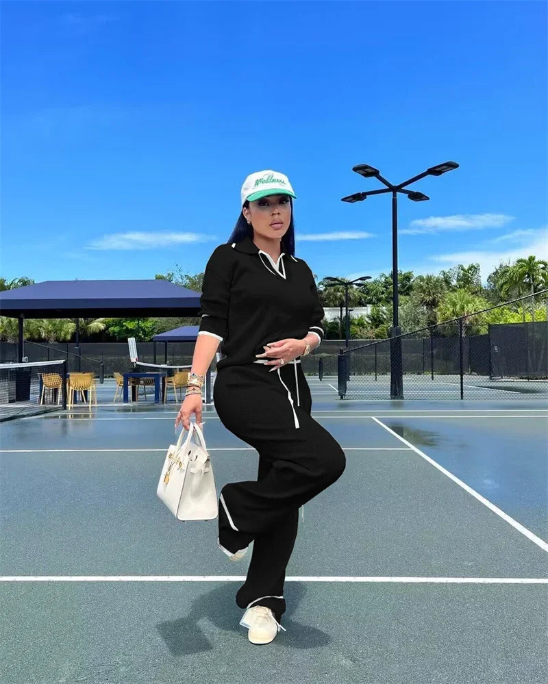 Active Wear Knitted Casual Tracksuit for Women Two Piece Set Sporty Fitness Striped Sweater Top and Wide Leg Pants Jogging Femme