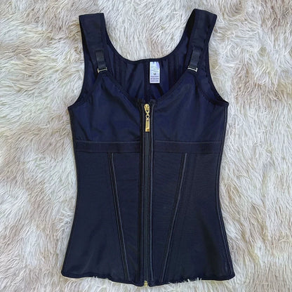 Double Compression Vest Bra Waist Trainer Corset with 17 Steel Bone Flat Belly Strap Slim Body Shaper