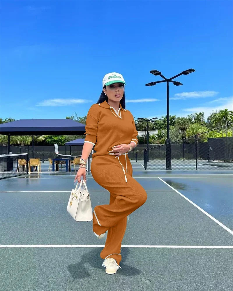 Active Wear Knitted Casual Tracksuit for Women Two Piece Set Sporty Fitness Striped Sweater Top and Wide Leg Pants Jogging Femme