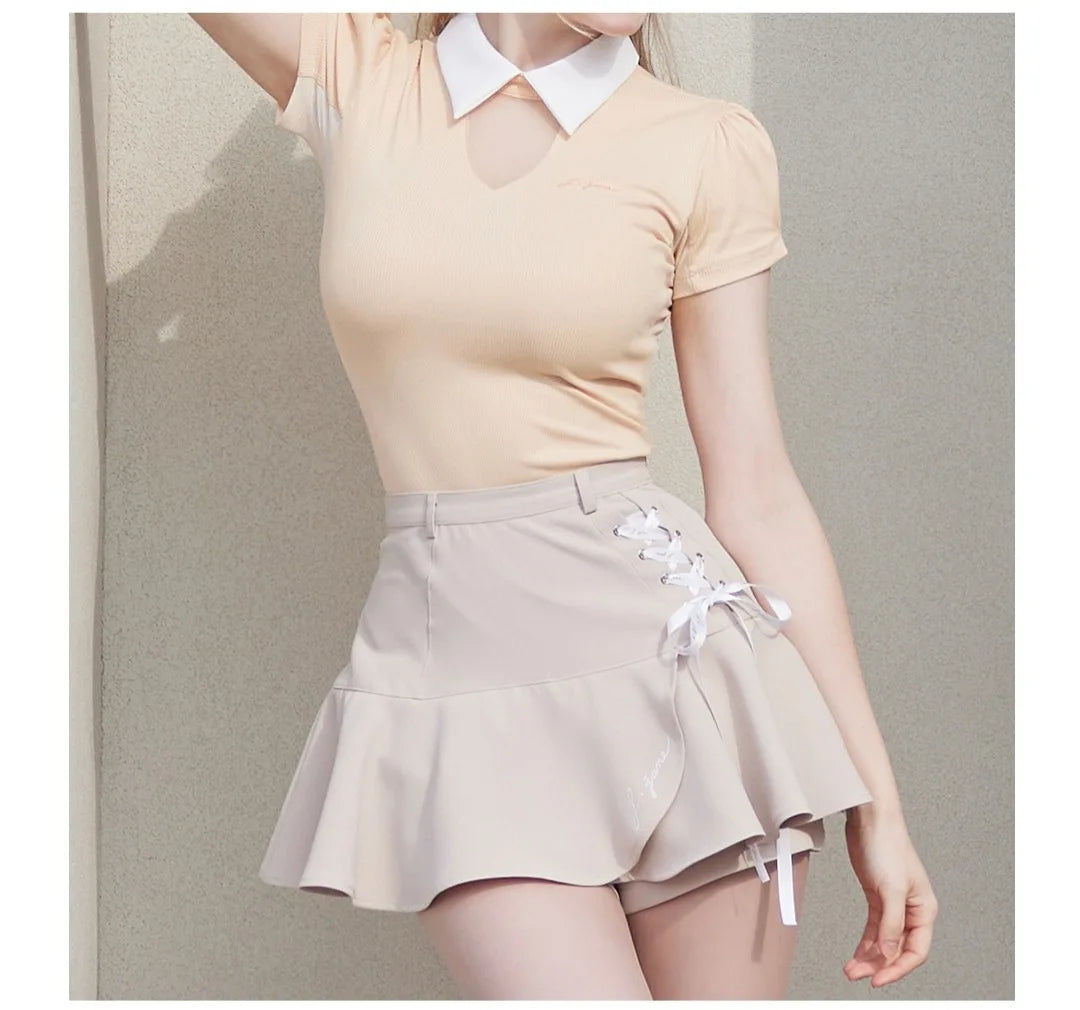 Short Sleeve Tops Golf T-shirts Quick-dry Breathable Shirts Lace Up Pleated Golf Skirt