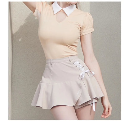 Short Sleeve Tops Golf T-shirts Quick-dry Breathable Shirts Lace Up Pleated Golf Skirt