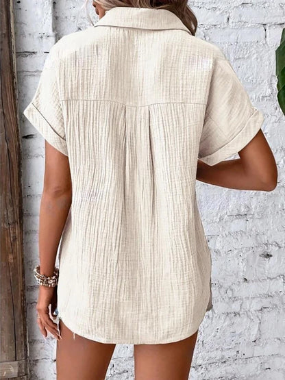 Women Casual Cotton Blouse Vintage Short Sleeve Slim Shirt Elegant Turn Down Collar Solid Tunics Streetwear