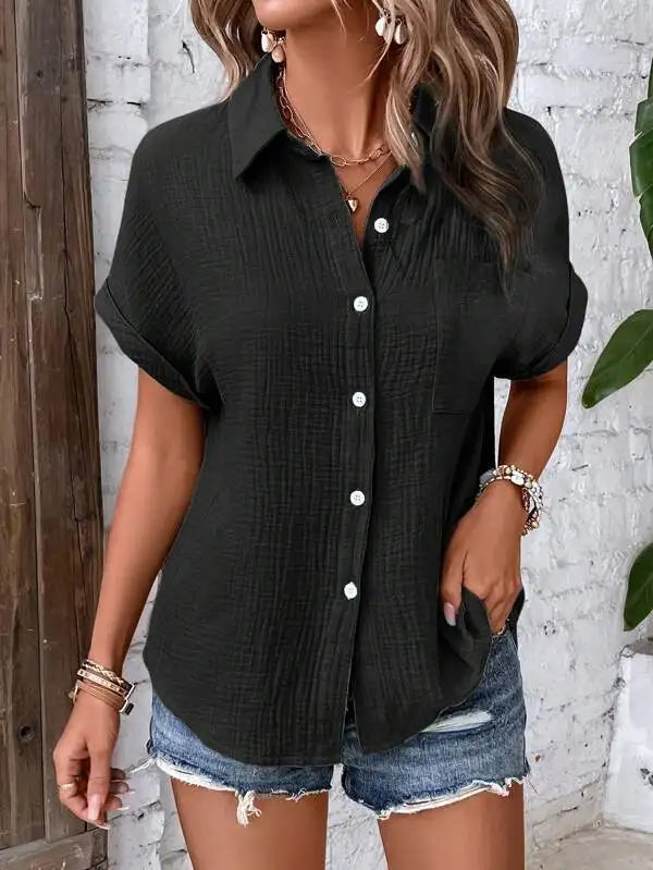 Women Casual Cotton Blouse Vintage Short Sleeve Slim Shirt Elegant Turn Down Collar Solid Tunics Streetwear