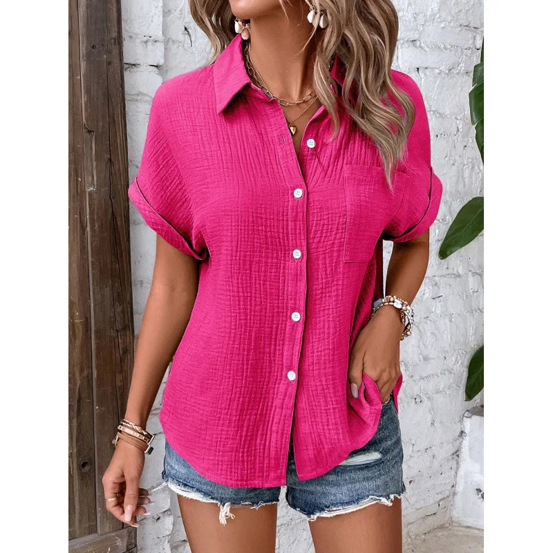 Women Casual Cotton Blouse Vintage Short Sleeve Slim Shirt Elegant Turn Down Collar Solid Tunics Streetwear
