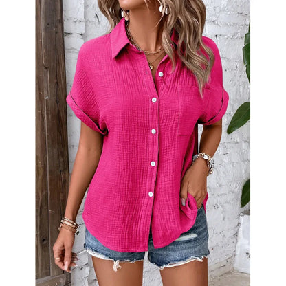 Women Casual Cotton Blouse Vintage Short Sleeve Slim Shirt Elegant Turn Down Collar Solid Tunics Streetwear