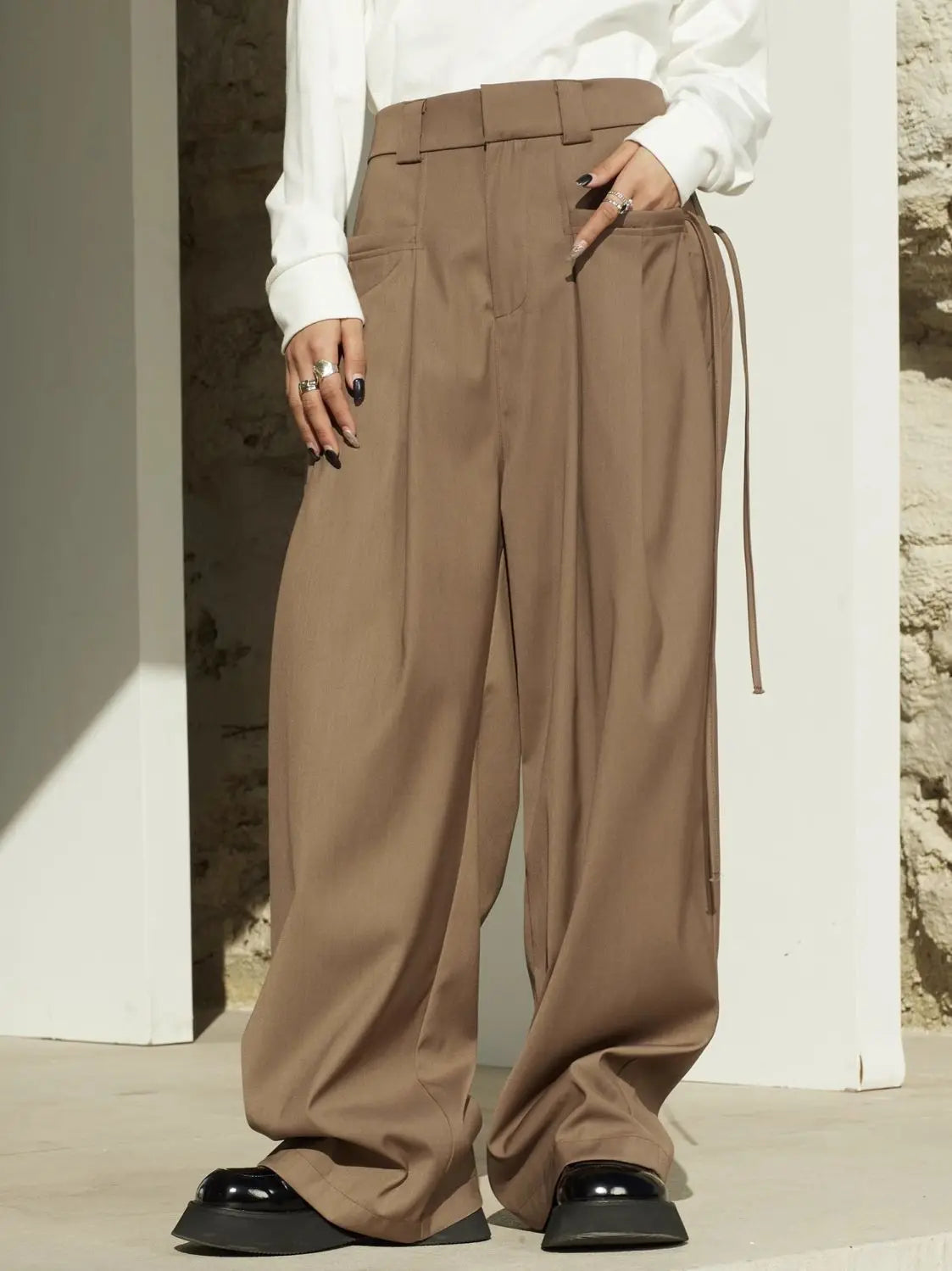 Casual Trousers New Strap Design High-waisted Slimming Loose Floor-like Wide-leg Pants