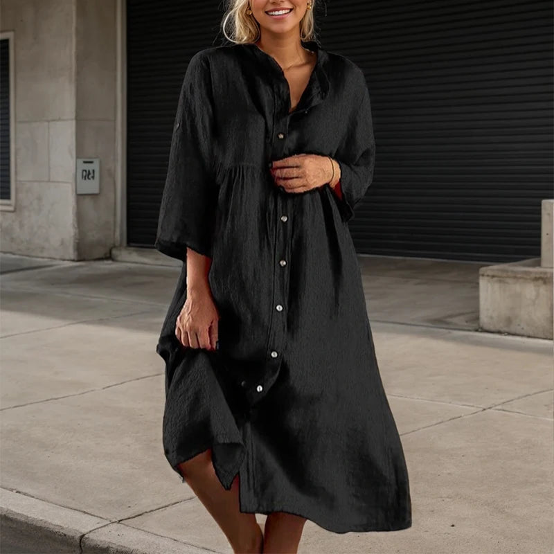 Casual Dress Long Sleeve Button O-neck Loose Solid Fashion Elegant Dress