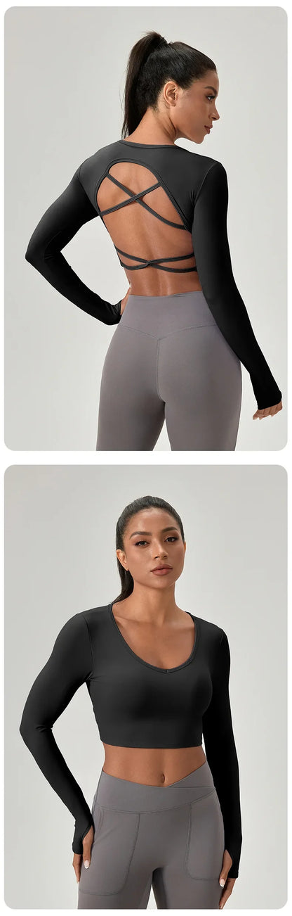 Yoga Wear Tight Long-sleeved Shirt with Chest Pads Crossed Beautiful Back Sports Top Quick-drying  Fitness Wear