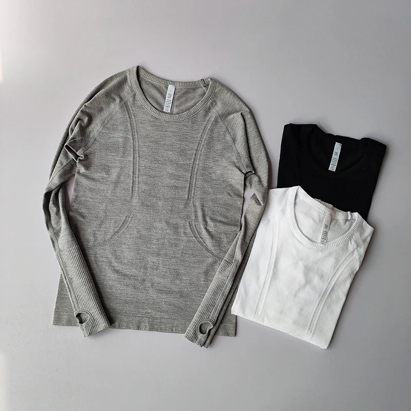 Yoga Clothes Sports Tops, Round Neck,, Seamless, Slim, Fitness Workout Long Sleeves Gym T shirt,