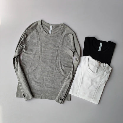 Yoga Clothes Sports Tops, Round Neck,, Seamless, Slim, Fitness Workout Long Sleeves Gym T shirt,
