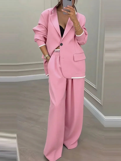 Casual Women's Suit Set  Sexy Turn down Collar Button Blazer & Straight-leg Pants Set Winter Solid Long Sleeve Chic Outfit
