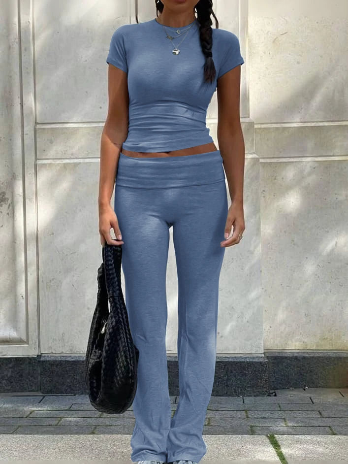 Casual Workout Two Piece Outfits Short Sleeve Crop High Waist Foldover Flare Pants Streetwear